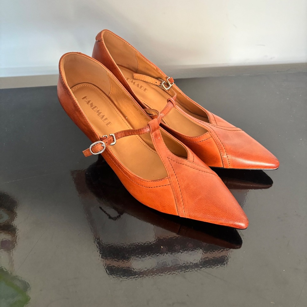 Handmade Tan Leather T-Strap Kitten Heel Pumps Pointed Toe Mary Jane Size 37 6.5